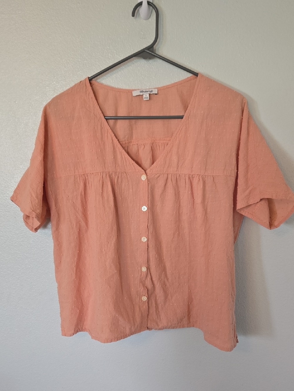 Madewell | Peach Swiss Dot V-Neck Blouse Size Small - Picture 2 of 9